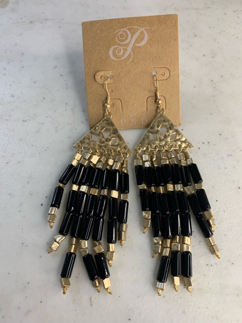 Plunder Black and Gold Fringe Beaded Drop Earrings Package of 12 singles